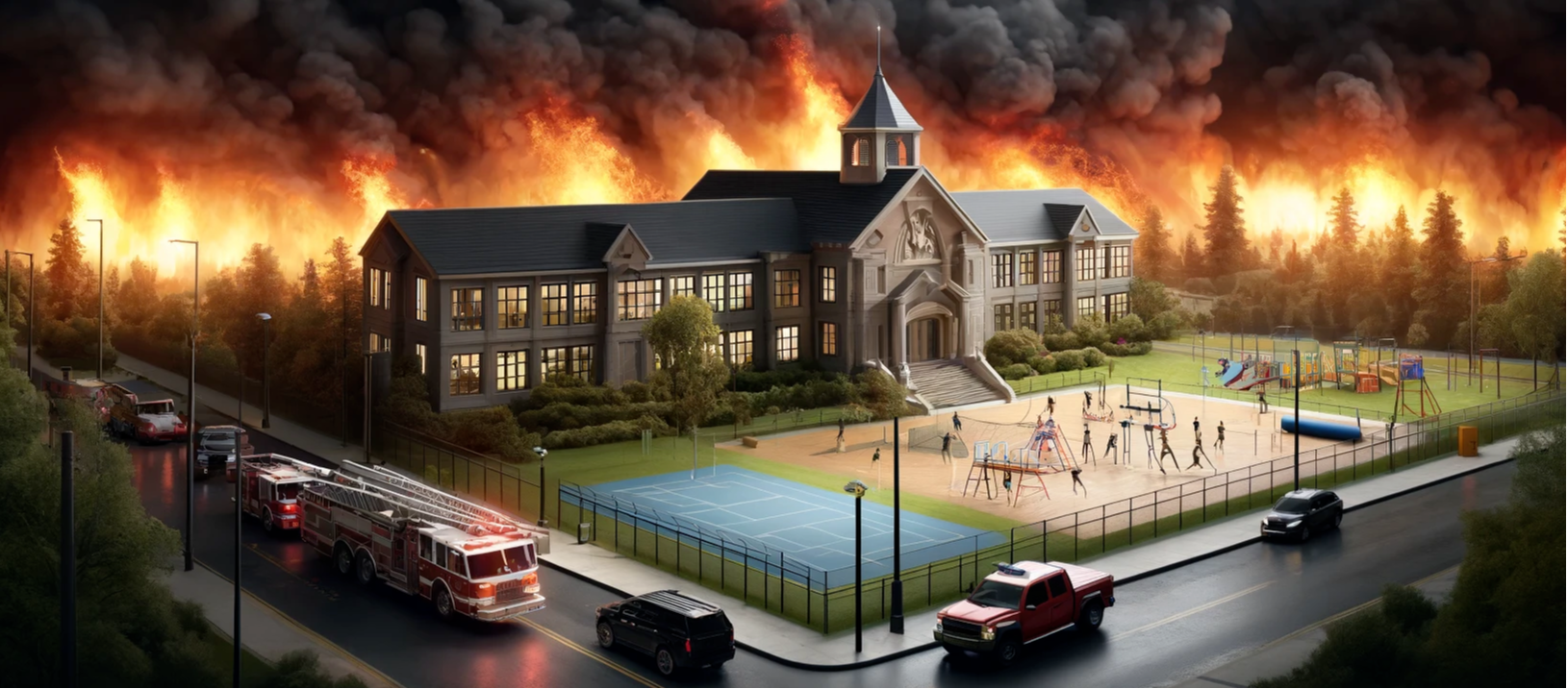 An A.I. generated image of a school with a wildfire approaching. On the street are multiple fire vehicles. There are kids standing or playing on the playground in the front of the school.